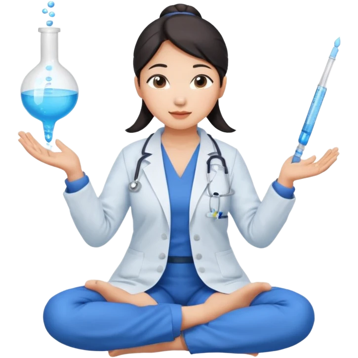 emoji of an asian woman with a single bun in a blue lab coat sitting cross legged with dna levitating above one hand and a micropipette above the other hand emoji