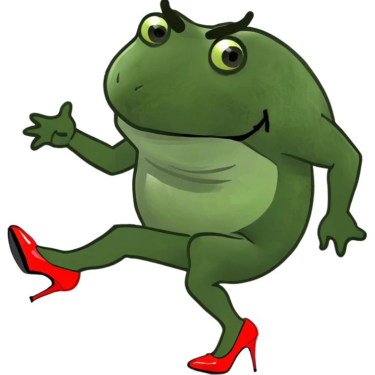 Bufo wearing high heels  and kick emoji