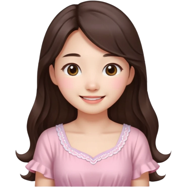 Korean girl in blue and white long haired brunette girl in light prink dresses smiling emoji