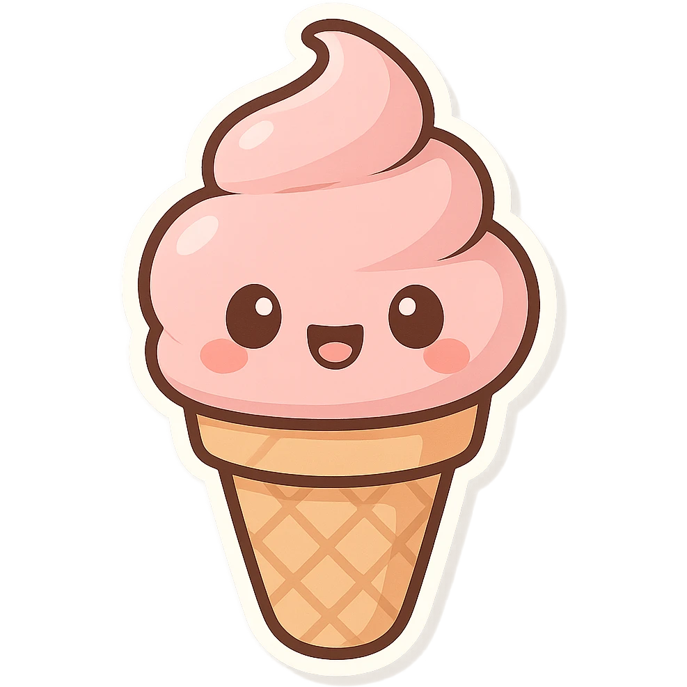 pink ice cream cone, happy and adorable, chibi style sticker emoji