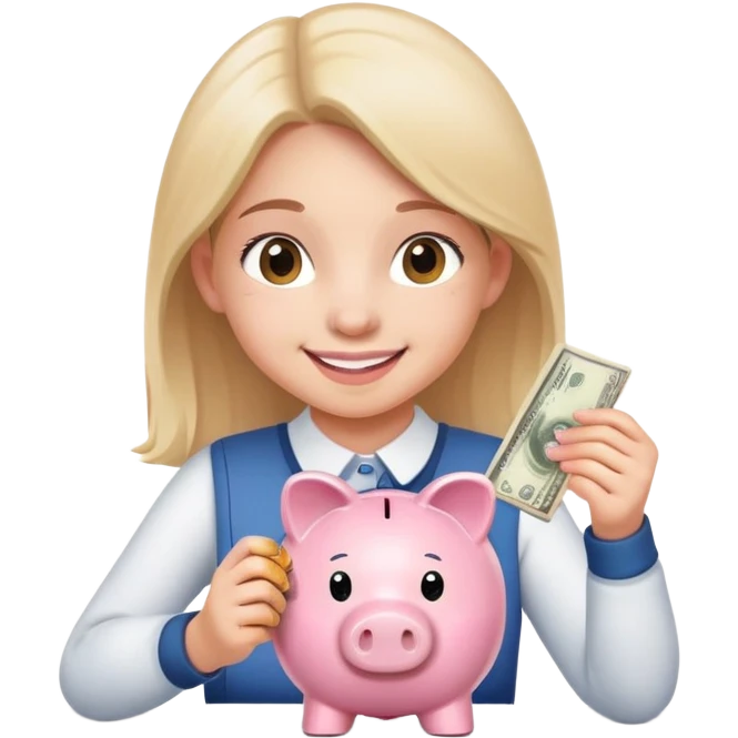 smiling girl carefully putting coins and bills into piggy bank emoji