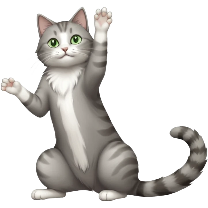 grey and white cat with green eyes doing a big extremely long stretch reaching up into the air with arms and legs side by side together straight and overextended whilst lying on its side emoji