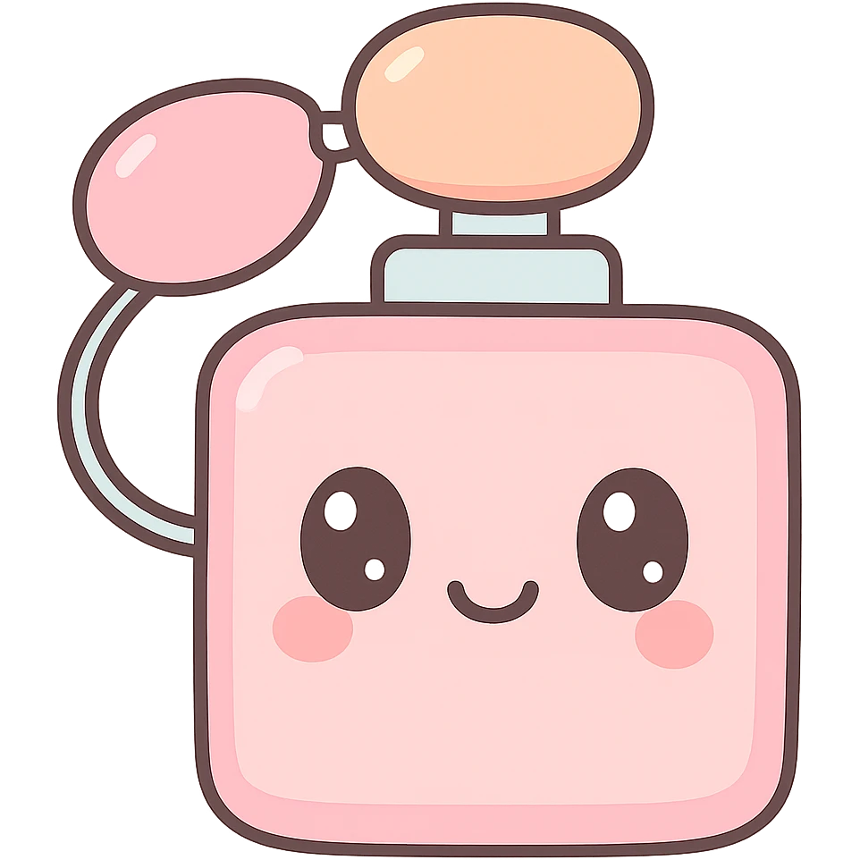 perfume bottle, playful and cute, kawaii style, smiling face, bright colors emoji
