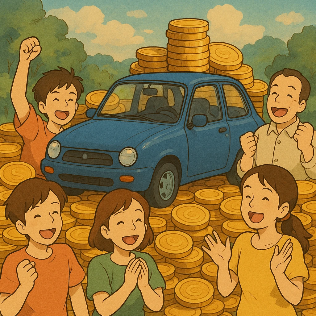 ghibli style illustration of a car surrounded by coins and happy people, symbolizing profitable vehicle financing emoji