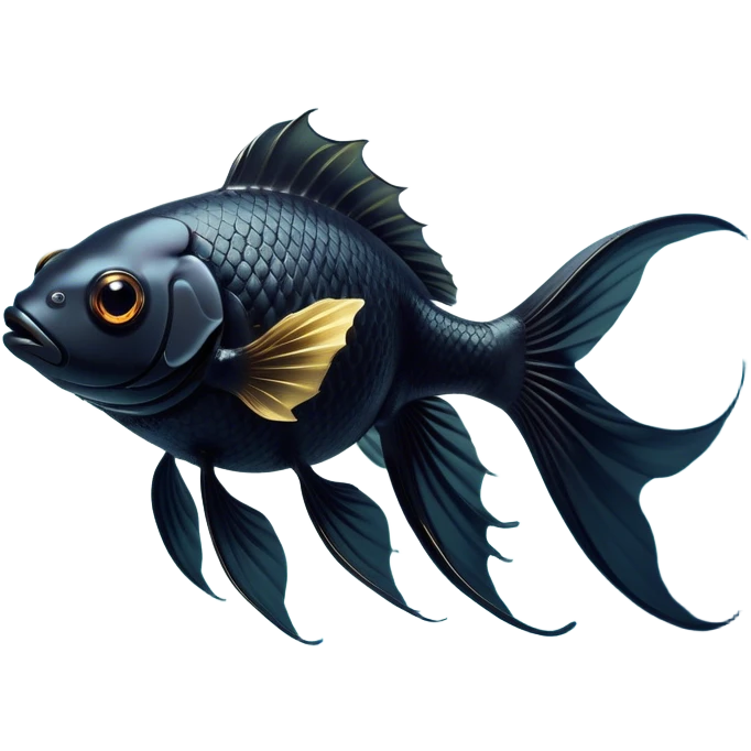 Cinematic Noble Black Goldfish Portrait Emoji, Poised and regal, with a sleek, streamlined build and a lustrous, deep black body, deep-set soulful golden eyes, Simplified yet sharp and sophisticated features, highly detailed, glowing with a soft, dignified glow, high shine, intelligent and graceful, stylized with an air of aquatic elegance, focused and attentive, soft glowing outline, capturing the essence of a watchful and confident aquatic companion, so majestic it feels as though it could glide out of the screen with effortless authority! emoji