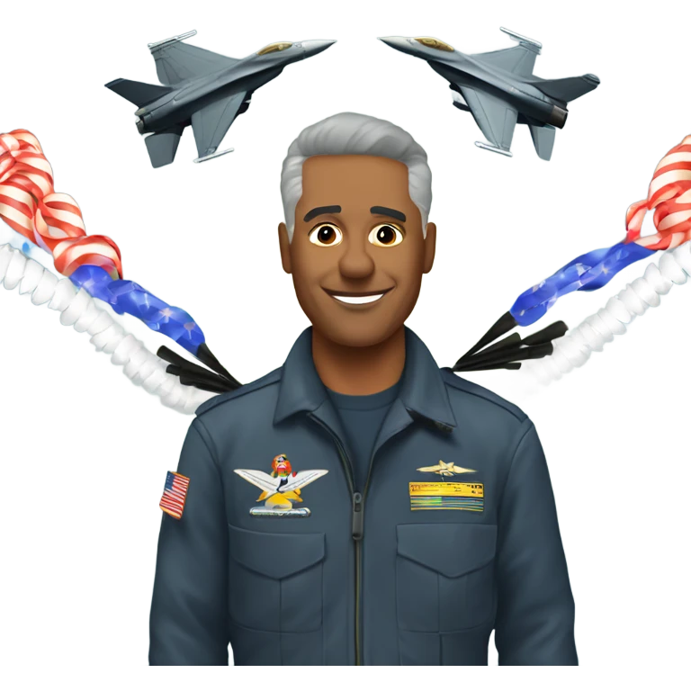 Old fighter pilot standing on ground with F-16 dropping new year streamers from the sky emoji