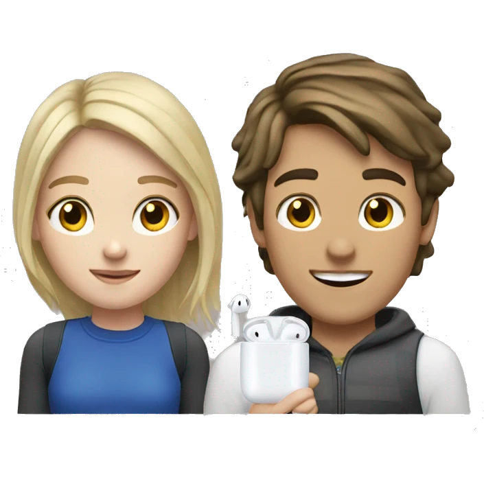 Blonde girl and brunette boy sharing AirPods  emoji