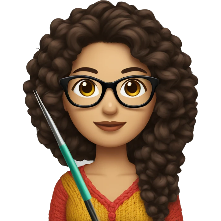 Hispanic woman with black glasses long dark brown curly hair holding crochet needle and yarn emoji