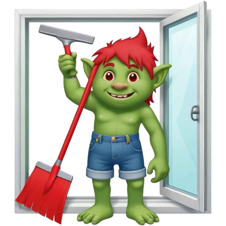 Troll wearing jorts cleaning a window using red squeegee emoji
