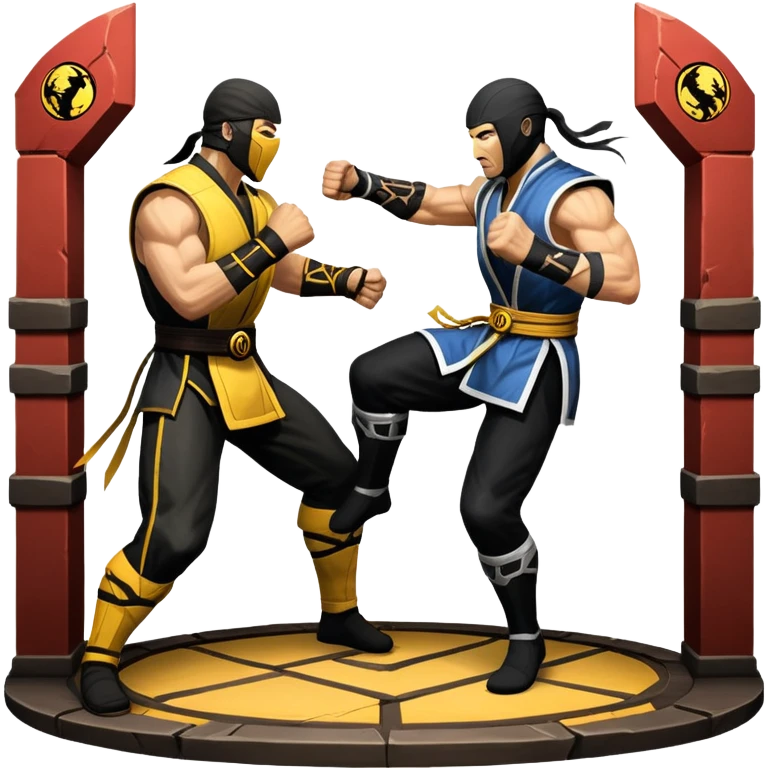 An icon showing two fighters in combat poses, inspired by Mortal Kombat. One character delivers a powerful kick, while the other blocks. The background features an iconic arena from the game with life bars at the top, symbolizing intense battles. Transparent background. emoji