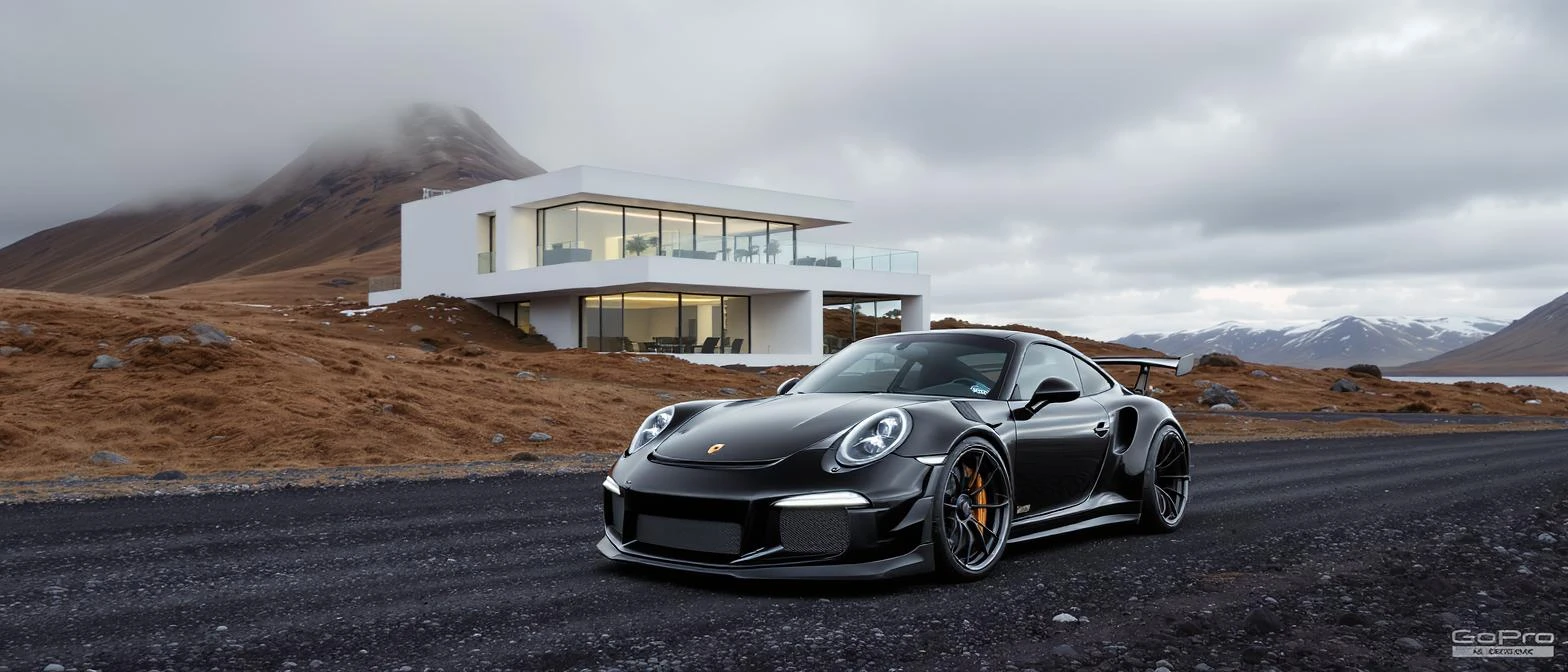 black porsche 911 with bodykit, in background is modern huge two flors white villa, in distance are iceland mountains, rule of thirds, shot on gopro hero, noise camera emoji