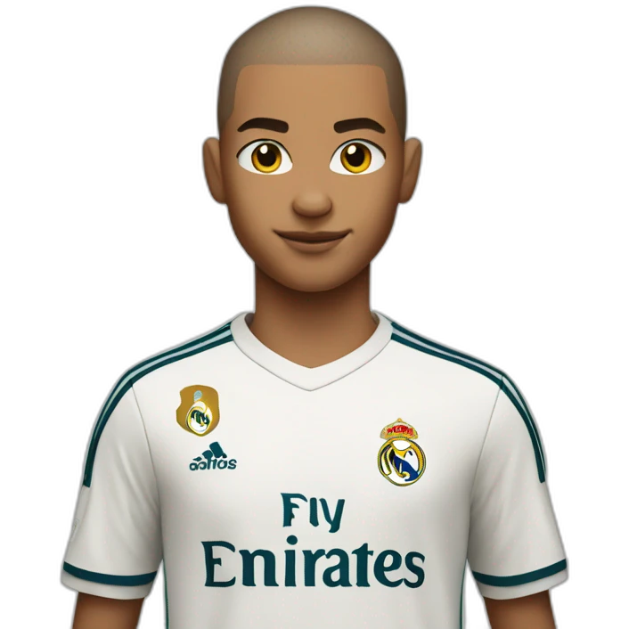 Young soccer player who takes an ID photo with a buzz cut hair with real madrid jersey, apple style emoji