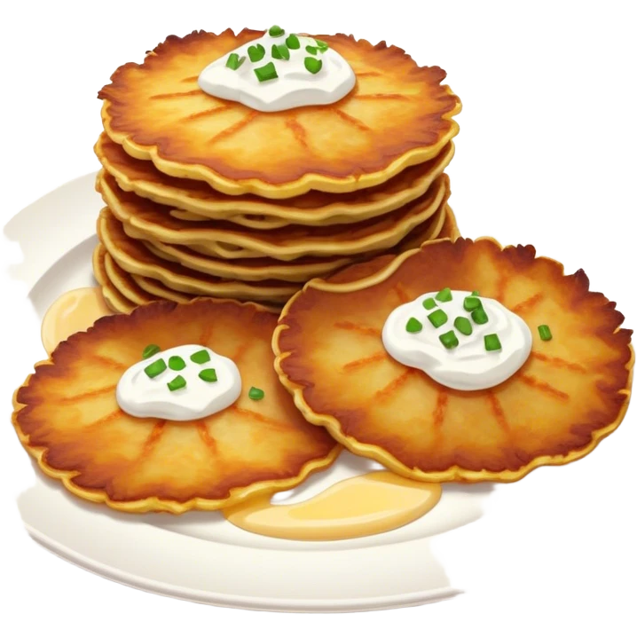 Cinematic Realistic Placki Ziemniaczane Dish Emoji, depicted as crispy potato pancakes served with sour cream rendered with vivid textures and warm, appetizing lighting. emoji