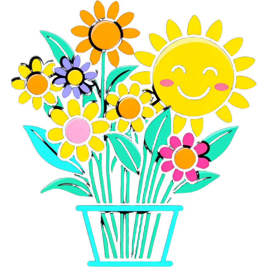 flowers in garden with sun with inscription Good morning  emoji