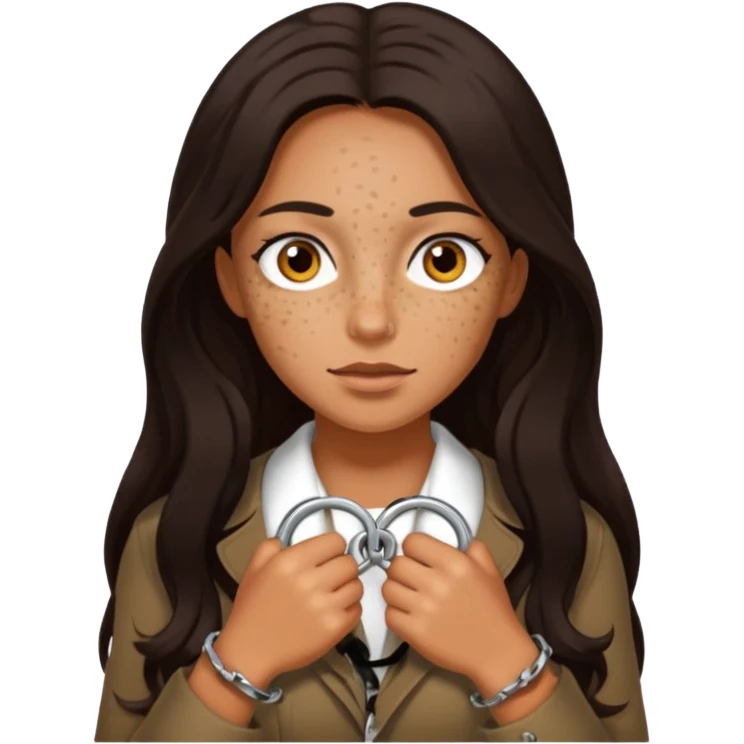 Tan skin with freckles, long dark hair, hazel eyes Dominatrix with handcuffs emoji