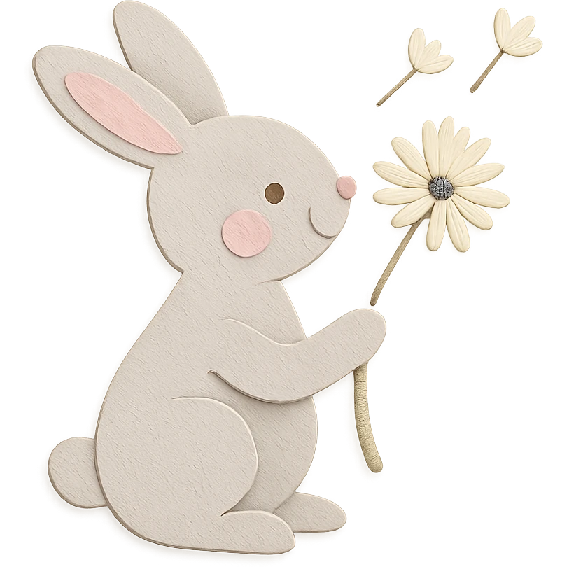 bunny holding a dandelion in the breeze, gentle spring vibe, soft pastel colors, paper-craft style emoji
