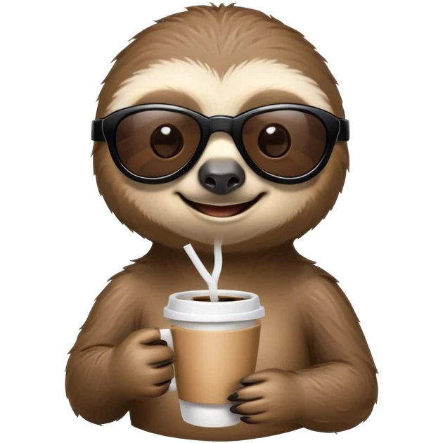 Create a high-quality emoji-style cartoon character of a smiling sloth named Sam. He wears black sunglasses and holds a small fuel nozzle in one hand, and a coffee cup in the other. The expression is relaxed and confident. The emoji should have a clean, minimal outline and be optimized for small size display. Transparent background. emoji