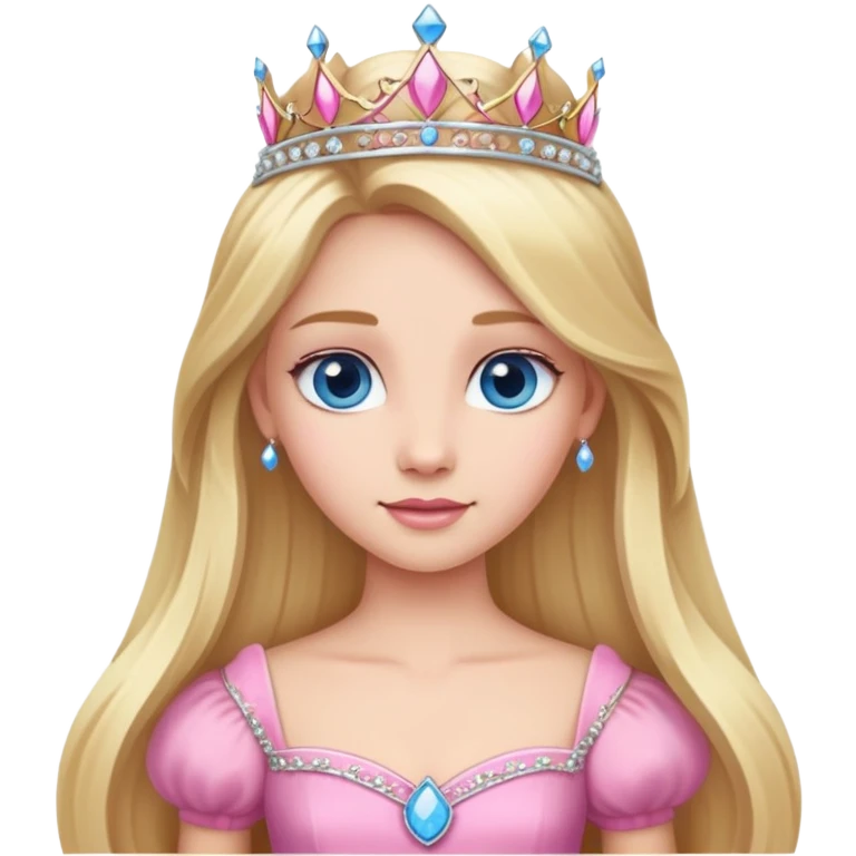 Princess with long blonde hair, pink dress and tiara, also blue eyes emoji