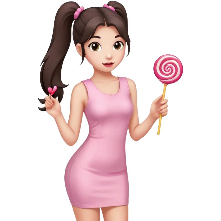Girl with long dark ponytails wearing light pink bodycon dress holding a lollipop emoji