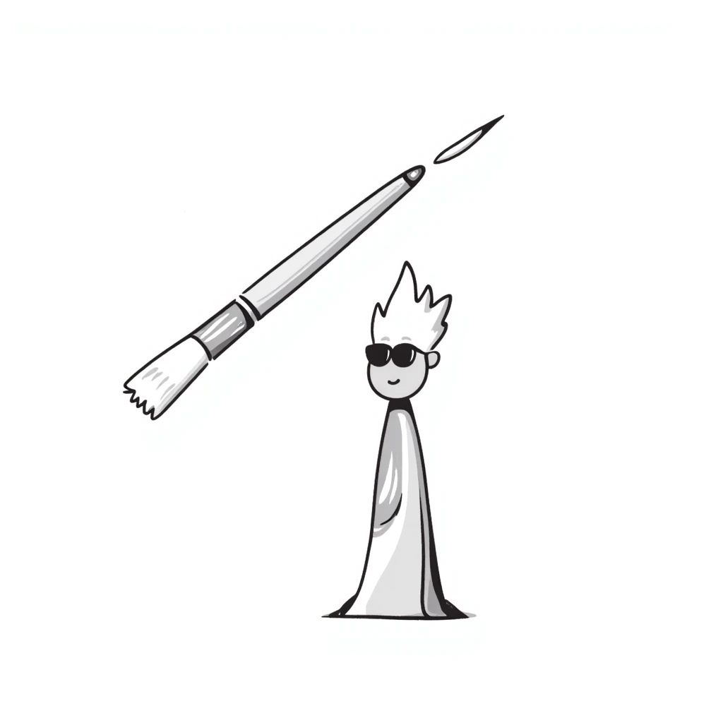 A paintbrush morphing into a silver metal human figure emblem sculpture, representing artistic identity, with a shiny silver finish emoji