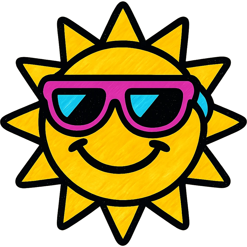 A vibrant and colorful icon of a smiling sun with sunglasses emoji