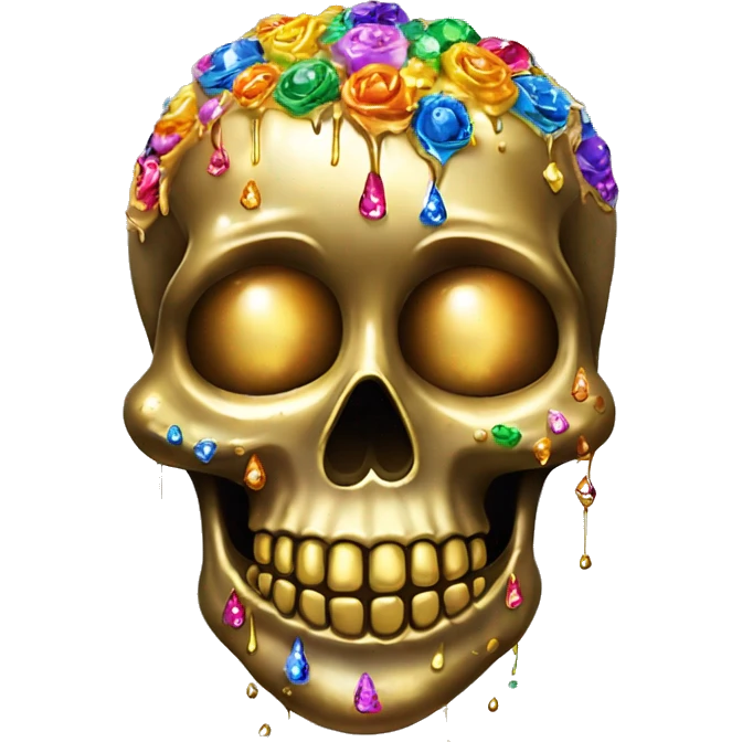 Realistic sugar skull decorated with colorful rhinestones with metallic gold candle on top of its head dripping down melted metallic gold wax down the skull emoji