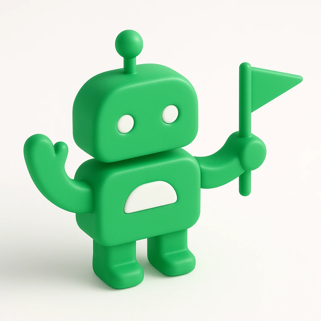 3D green robot waving, holding a small flag emoji