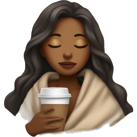 brown girl inside a blanket sipping coffee eyes closed emoji