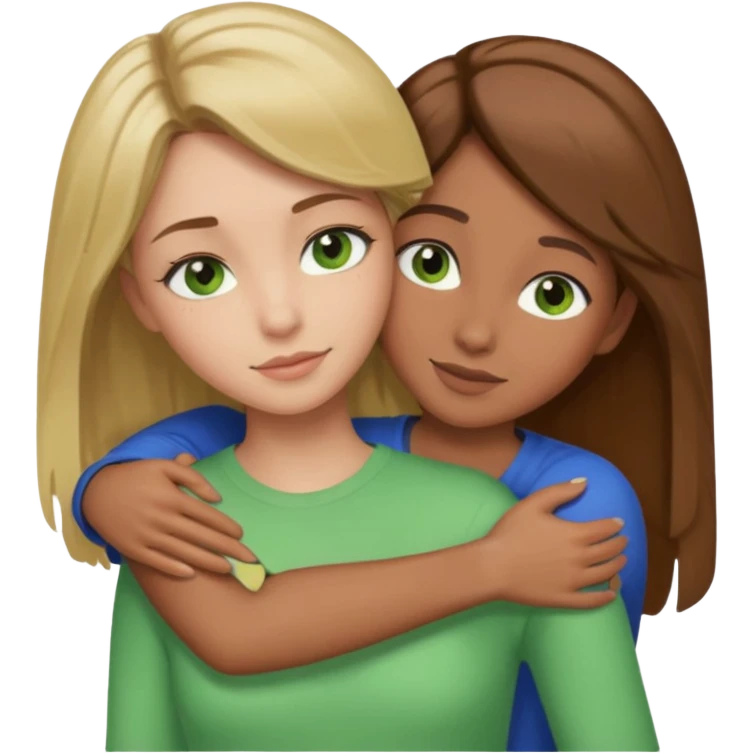 Maman cheveux marrons yeux marrons et fille cheveux blond yeux verts qui se font un câlin  emoji