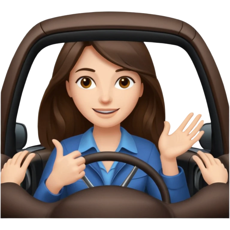 Brunette long hair driving car like crazy. Happy face confidence  emoji