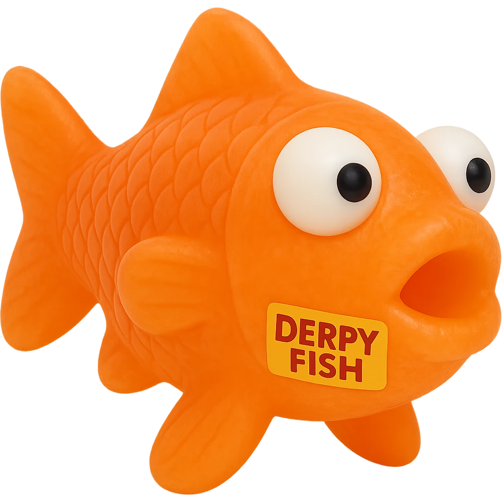 Make the Derpy Fish bright orange with a retro 90's toy look. The fish should have derpy eyes, appear soft plastic with soft reflections, soft and squishy texture, some cloudiness, not shiny, highly detailed, and appealing. Keep it somewhat transparent, matching the color and transparency of the provided reference image as closely as possible. Include the 'DERPY FISH' tag. No background. emoji
