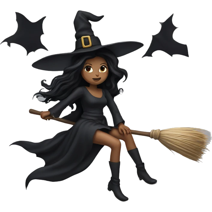 dark long hair witch flying on a broom white skin emoji