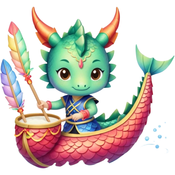 A chibi girl dressed as a dragon boat drummer, holding soft pastel drumsticks, standing in a fluffy dragon boat, colorful festival ribbons flying, sparkles and cute mini fish swimming below, soft pastel colors, watercolor texture, transparent background emoji