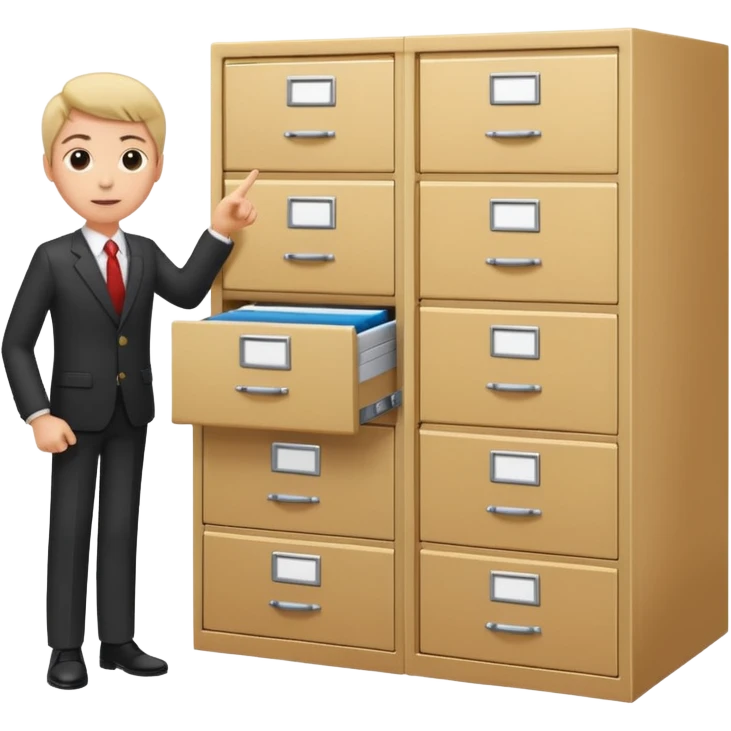 A person in business attire pointing to a tall filing cabinet, indicating document organization. emoji