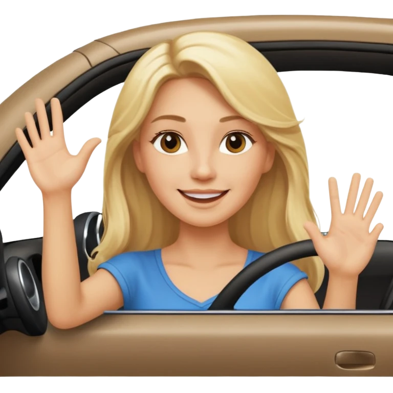 blonde long hair woman driving car. one hand up Happy face confidence emoji