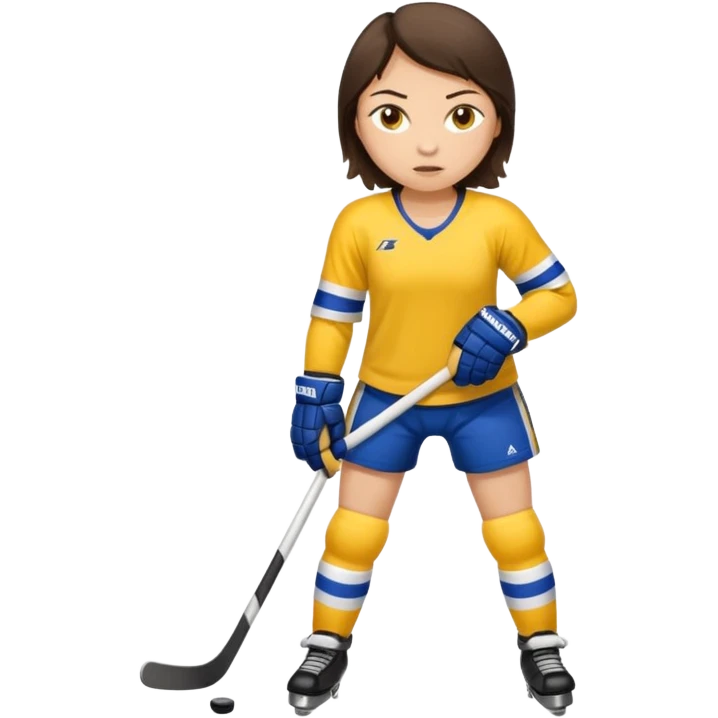 Girl hockey player with yellow jersey full body brunette emoji