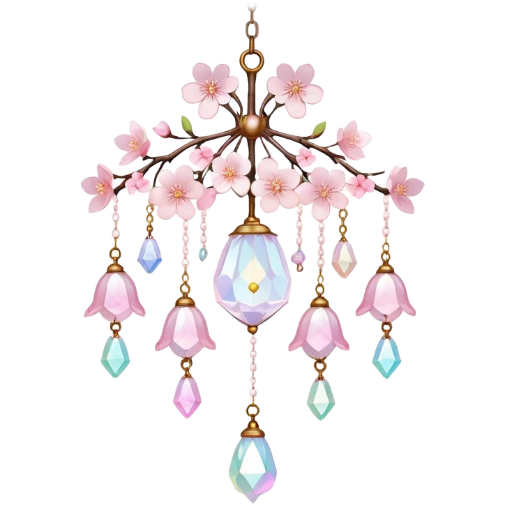Hanging Iridescent pastel pink sakura crystals white-pearly suncatcher with a tiny bell chandelier emoji