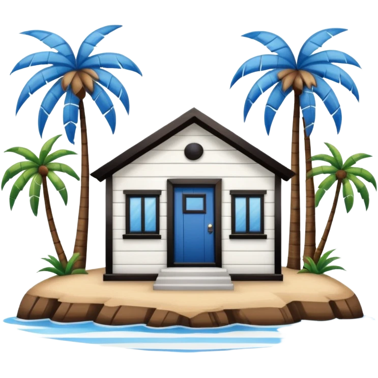 A full square 1 by 1   white and blue stripe building  horizontally with brown wooden door on a island with palm trees  emoji