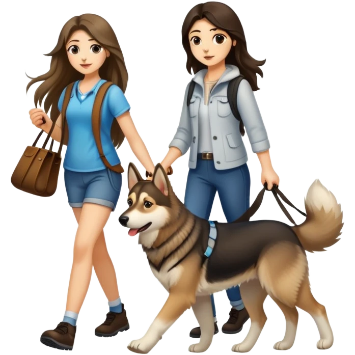 A long-haired girl walking a husky and a German shepherd emoji