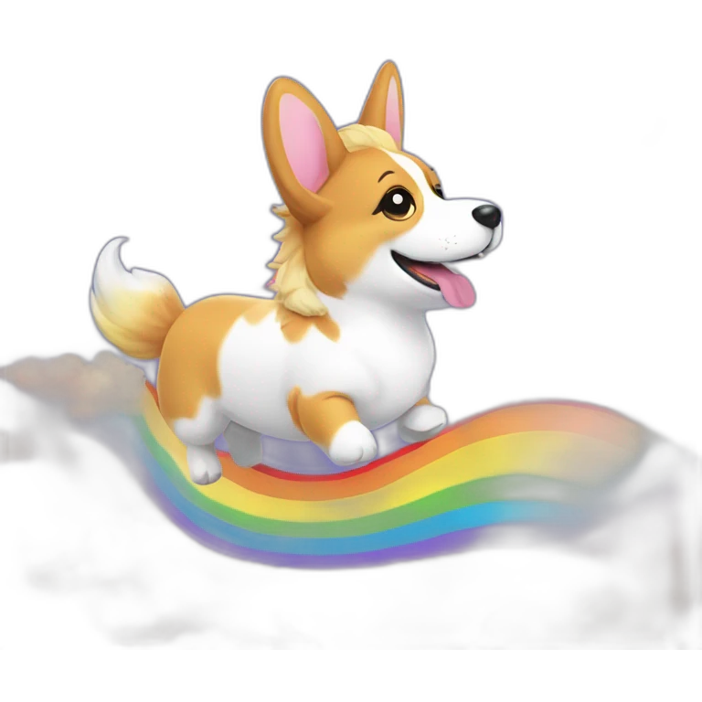 Corgi riding unicorn over a rainbow emoji
