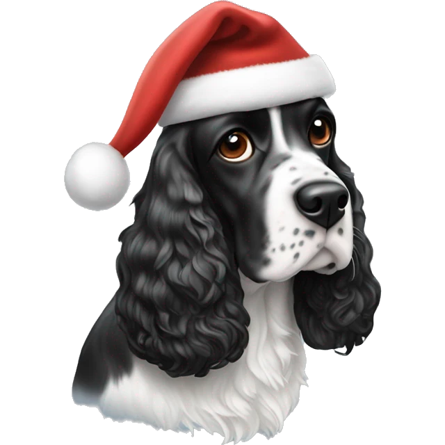 black and white english cocker spaniel with spots on nose and santa hat emoji