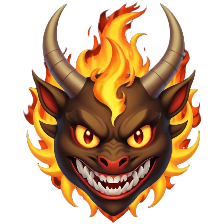 Create a dark-themed emoji of a demonic face with sharp, curved horns, glowing white eyes, an evil grin with large pointed fangs, and abstract flame-like patterns around the face.  emoji
