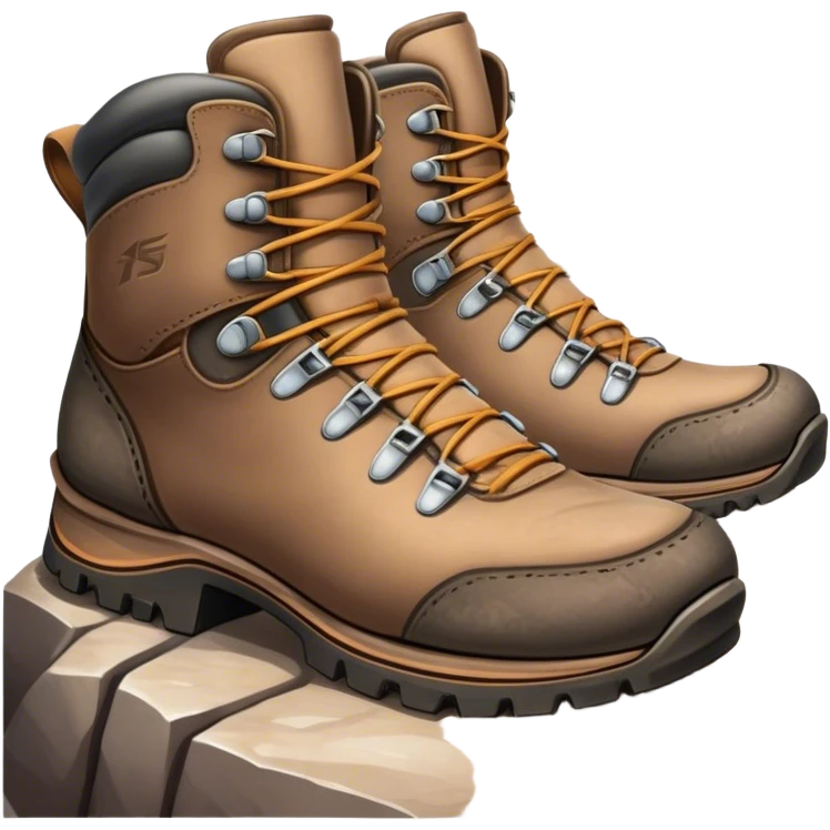 Cinematic Realistic Hiking Boots, well-worn leather boots resting on a rocky trail, scuffed edges and dirt-speckled laces adding character, glowing softly under the dappled sunlight filtering through the trees. emoji