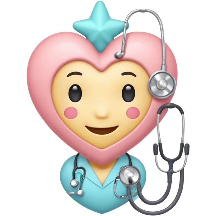 Cute pastel emoji of a smiling heart wearing a stethoscope like a hug, tiny brain inside, little sparkle star, soft glow, rounded edges, cozy and aesthetic. emoji