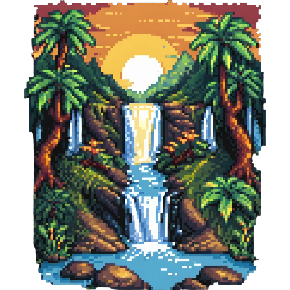 sunrise with a waterfall flowing into a river, pixel art style emoji