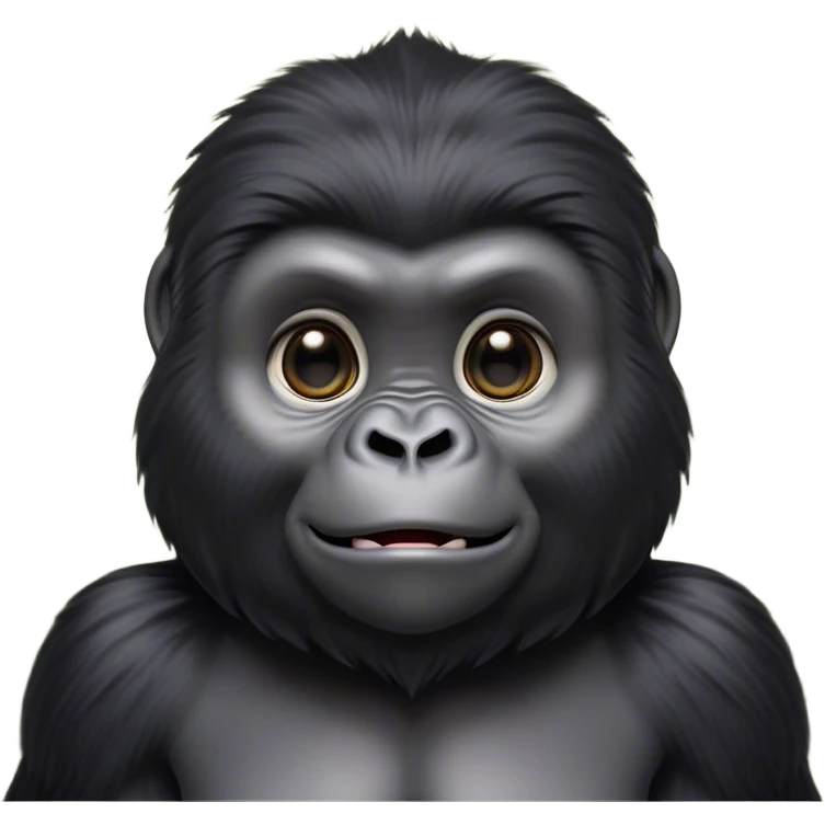Cinematic Cute mountain Gorilla Portrait Emoji, Head tilted playfully and inquisitively, with a robust build accented by a striking black and grey mane and round, sparkling eyes full of gentle charm, Simplified yet irresistibly adorable features, highly detailed, glowing with a warm, friendly jungle glow, high shine, affectionate and lively, stylized with a touch of endearing primate whimsy, soft glowing outline, capturing the essence of a mischievous yet loving mountain that feels like it could lumber out of the screen into your arms! emoji