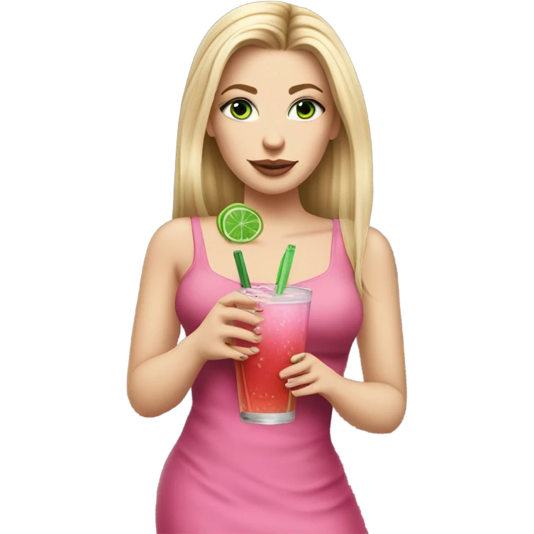 Realistic White girl with Long straight blonde hair, green eyes, tattoos, full body wearing dress and High heels, holding pink drink emoji