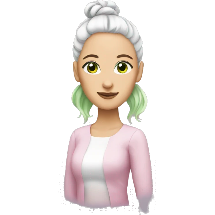 woman with white and pink hair in buns.  She has green eyes. emoji
