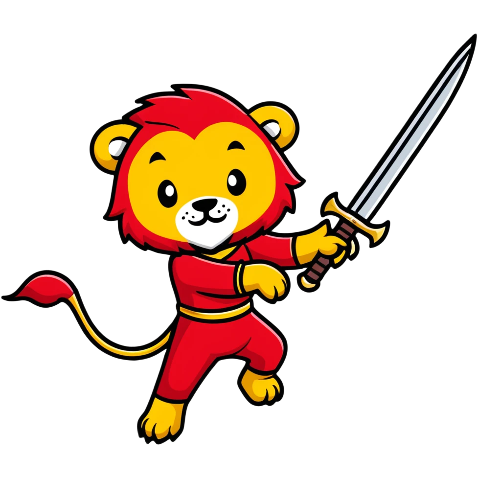 gold colored long sword with deep red handle and a gold lion on the end of the handle emoji