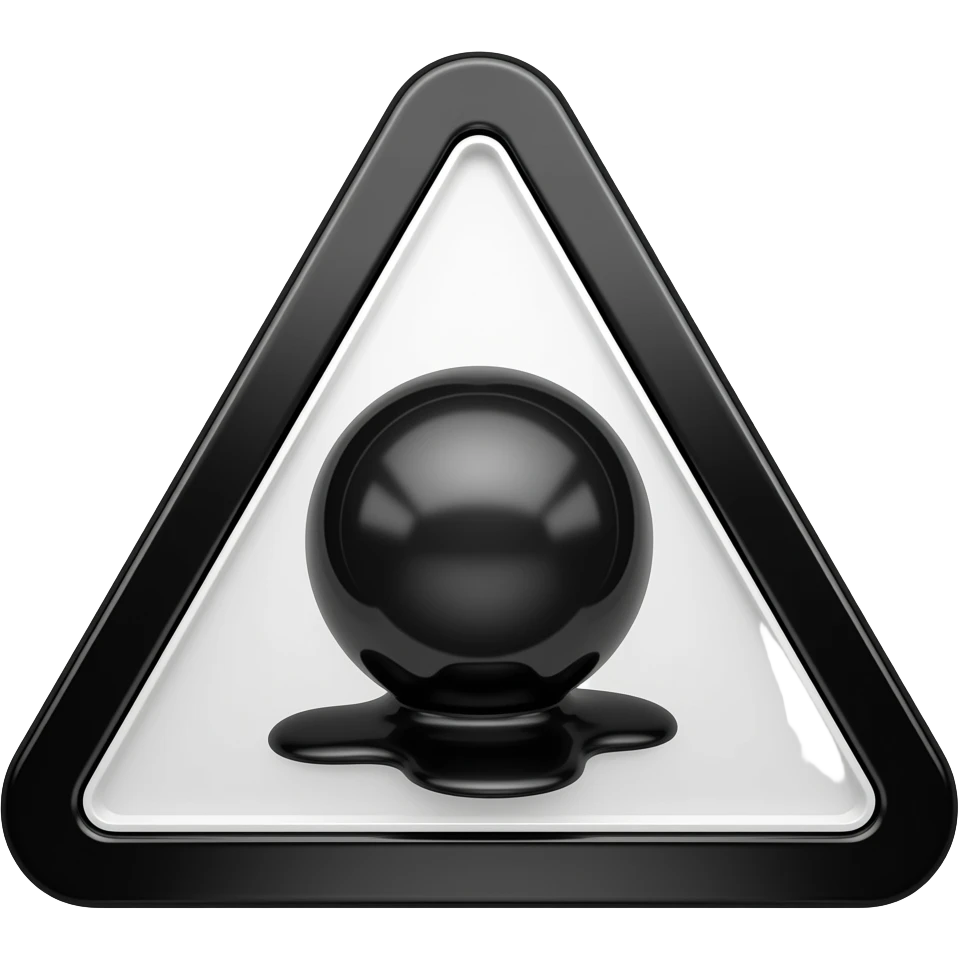 Simulated 3D render of a triangular warning sign icon with a white background and a black border, showing a large black sphere with stylized, dripping liquid simulation effects pooling inside, set against a black background. emoji